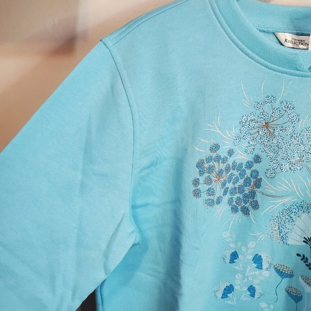 NORTHERN REFLECTIONS Women's Large NWT Floral Sweatshirt Crew Fleece Lined Blue - Picture 2 of 14
